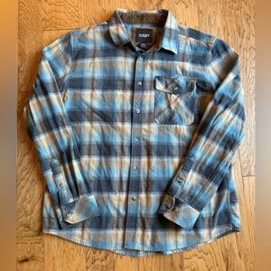 CQR  Flannel Shirt Mens XL Plaid Corduroy Turn up Cuffs Soft Blue Tan Gray